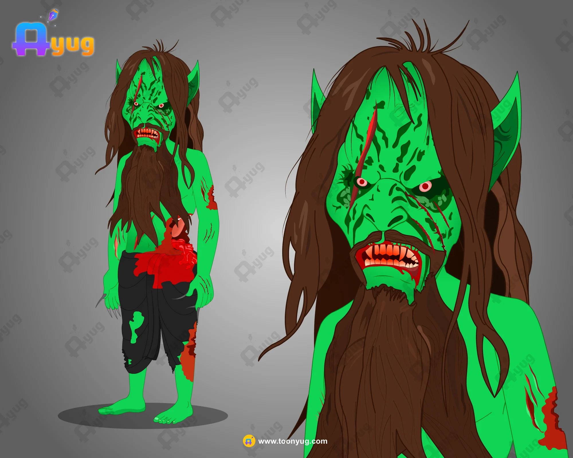 Beard-Green-Ghost-Character-Rigged-Thumbnail Green Ghost (Hara Bhoot) – Bearded Zombie Character with Open Wounds - Image 1