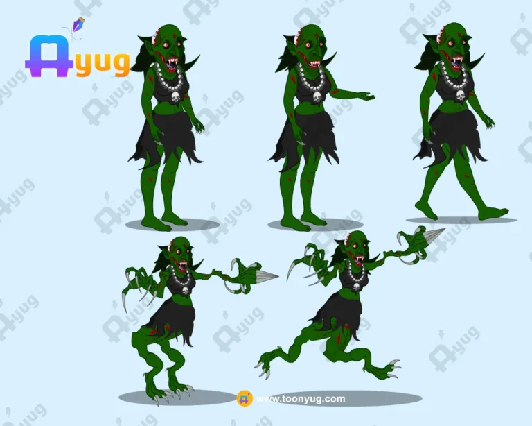 Evil Chudail (Witch) – Running Green Demoness with Claws & Skull Necklace