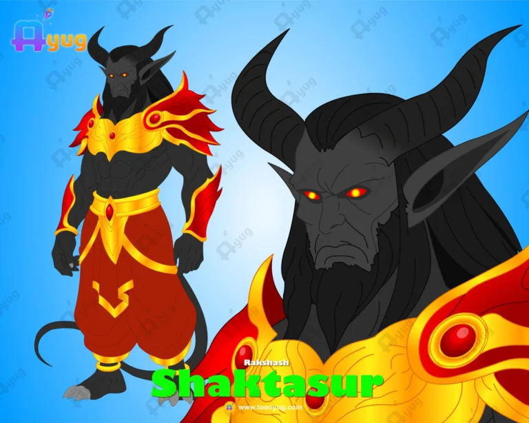 Shaktasur (Demon King) – Horned Villain with Red Armor & Glowing Eyes