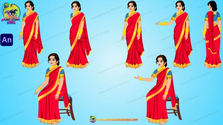 Indian Lady Animation Pack - Red & Blue Saree Characters with Sitting Poses & Props