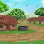 Indian Village Well Background – Tiled Roof Houses & Water Well Scene (Available in Animated .FLA & Static .PSD)