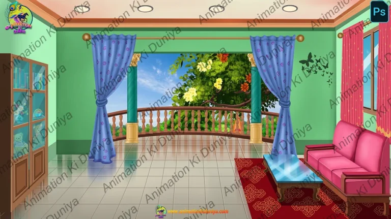 Cartoon Living Room Interior with Balcony View