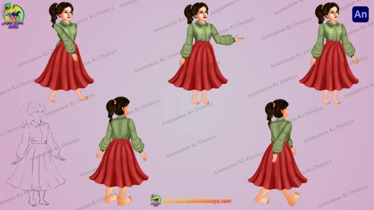 2D Cartoon Girl Character Set - Multiple Poses & Line Art (Adobe Animate Compatible)