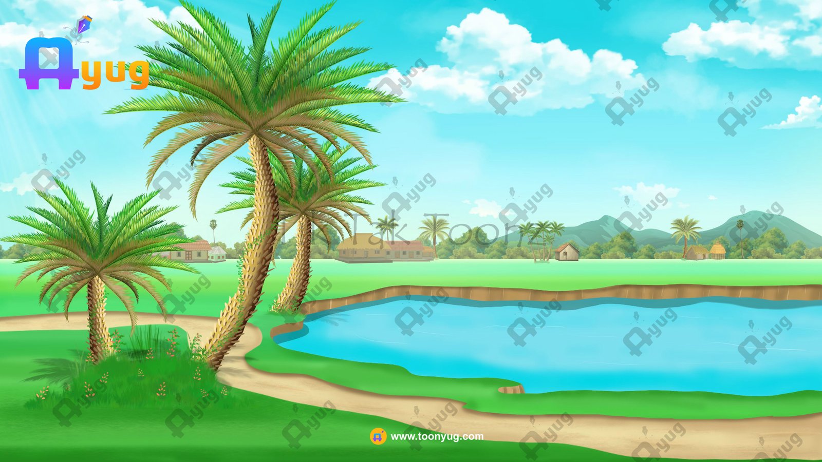 village-palm-tree-road Indian Village Palm(Coconut) Tree Near Pond 4K PSD High Quality Background - Image 1