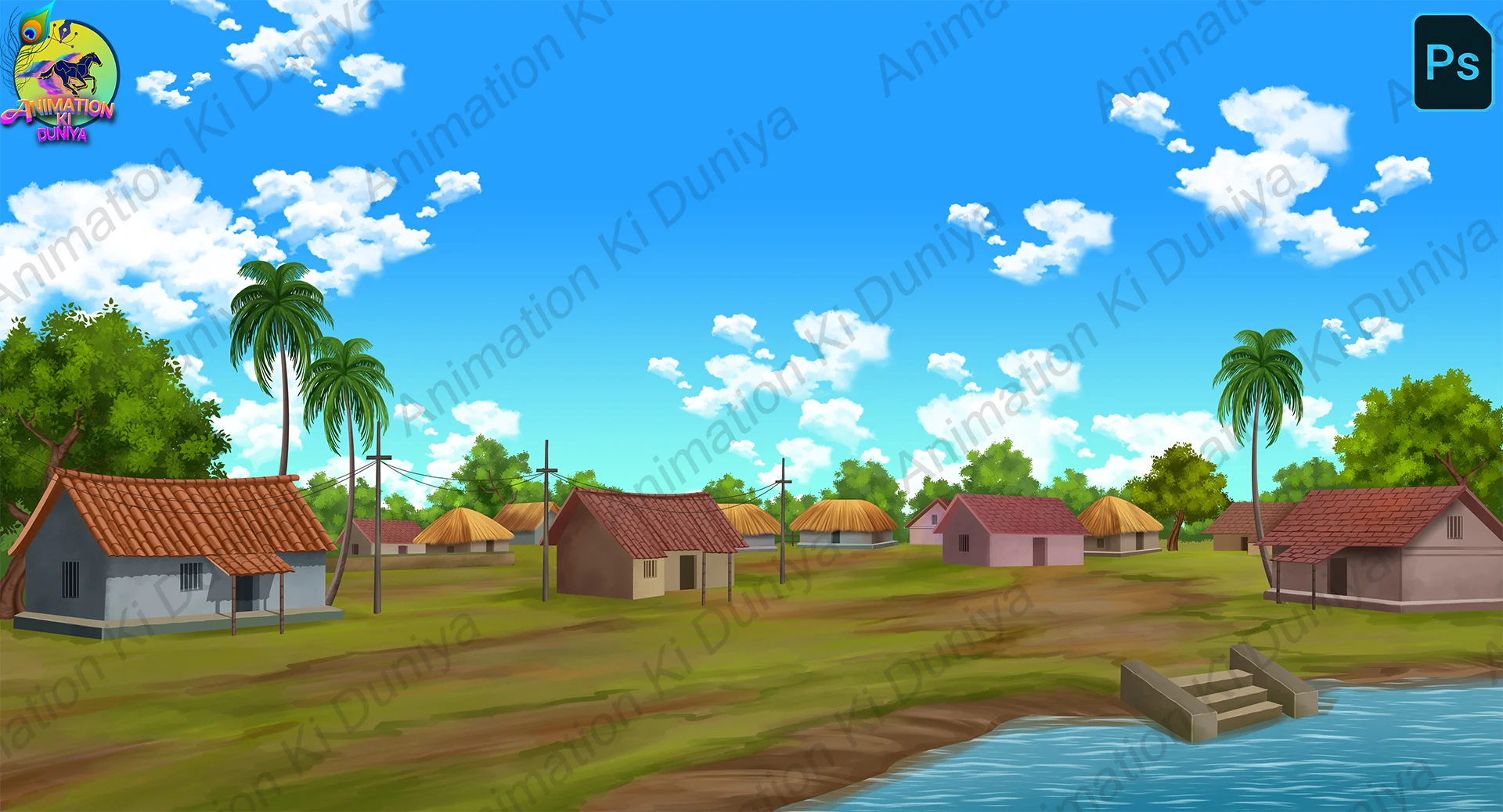 12.Village Indian Village 2D Animation Background | Beautiful Rural Scenery for Cartoons - Image 1