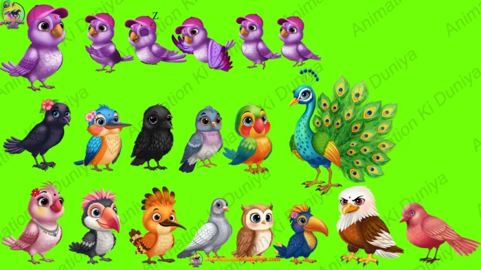 2D Digital Animation Asset: 16 Cartoon Bird Characters Bundle (Green ...