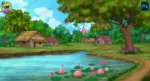 Beautiful Village Pond with Lotus & Temple 2D Background ( PNG & PSD )