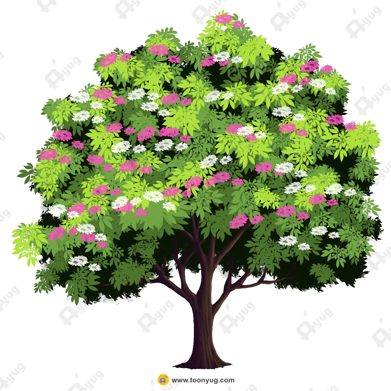 Beautiful Flower Plant Thumbnail Indian Flowering Tree Vector – Dense Bush with Pink & White Flowers (Available in Animated .FLA & Static .PSD) - Image 1