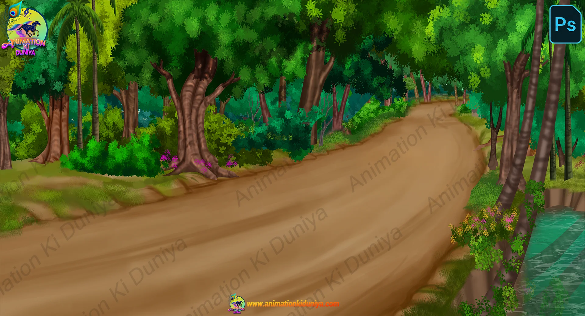 Bg5 Dense Forest Road 2D Animation Background | Winding Jungle Path for Stories ( PNG & PSD ) - Image 1