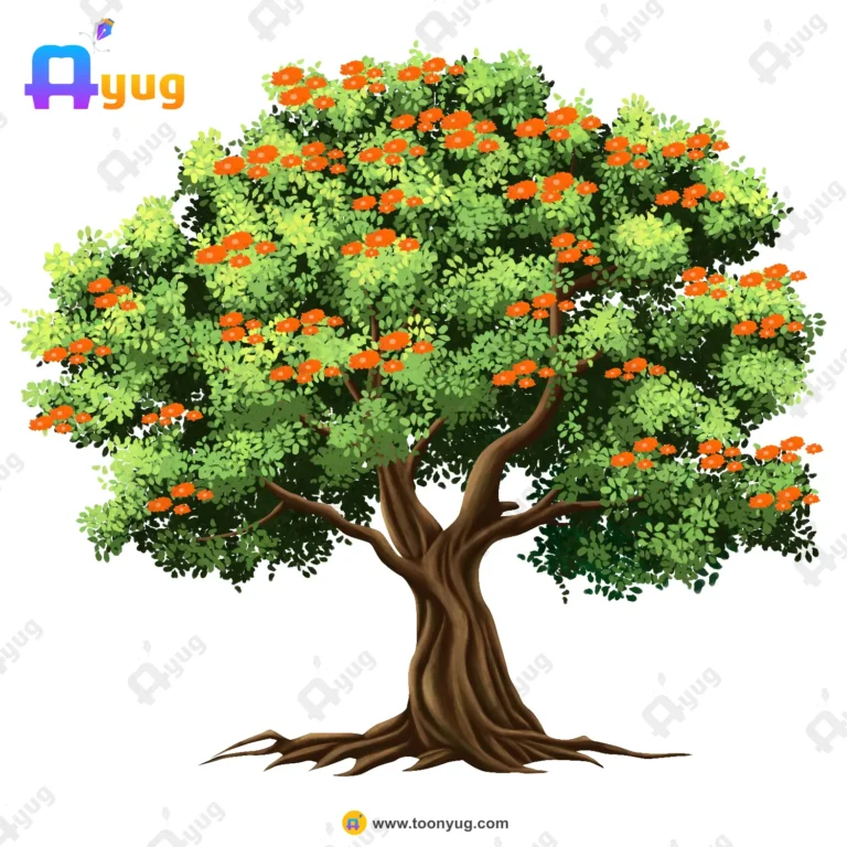 Indian Big Wild Flower Tree Vector – Jungle Shade Tree with Orange Blossoms (Available in Animated .FLA & Static .PSD)