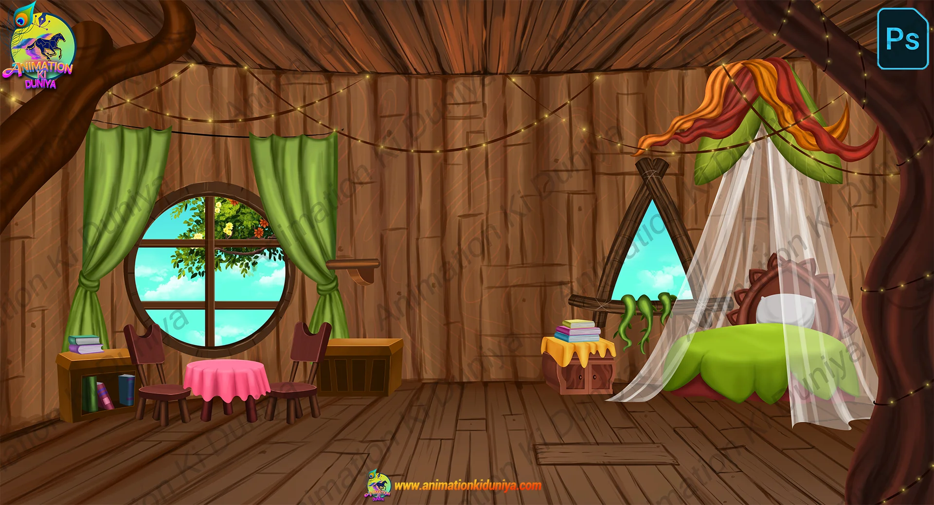 Bird int room1 Decorated Bird Mansion Interior 2D Background | Cozy Fairy Tale Bedroom ( PNG & PSD ) - Image 1