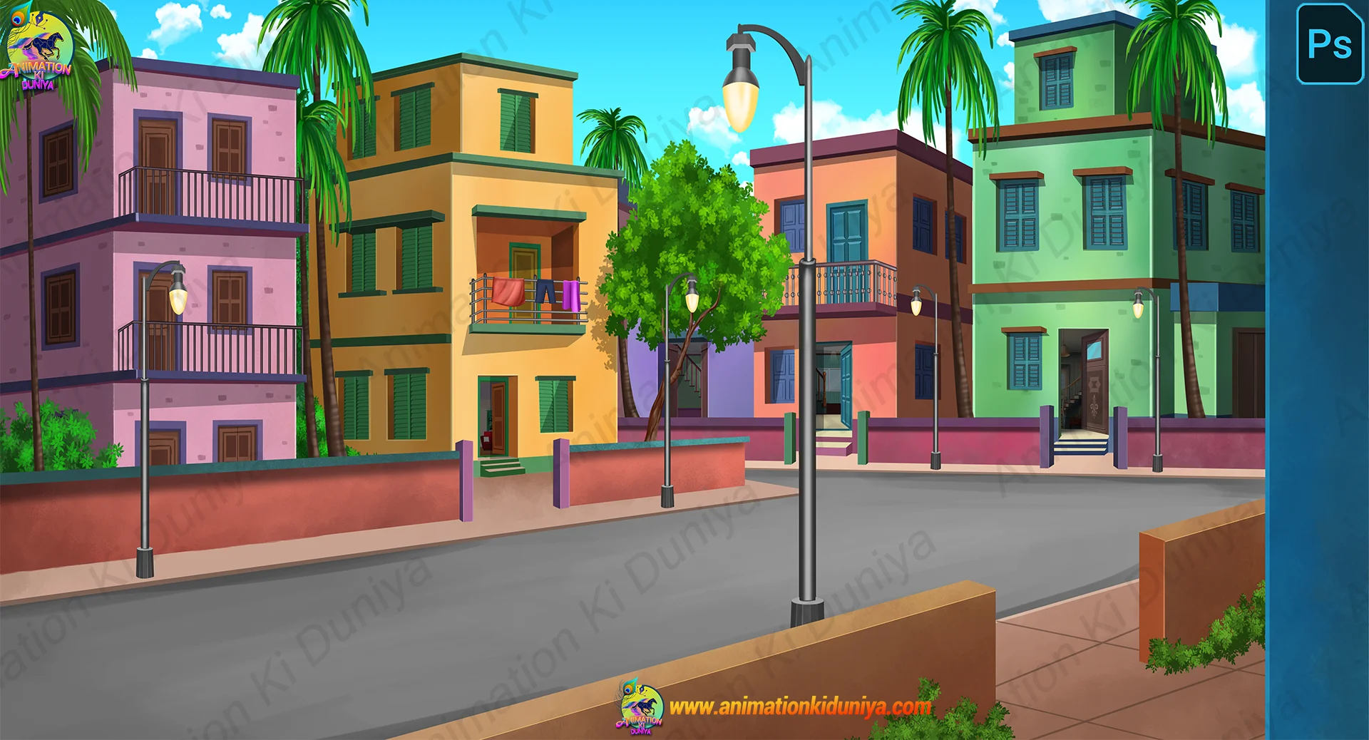 City Road (2) Modern City Street Road with Houses 2D Animation Background - Image 1