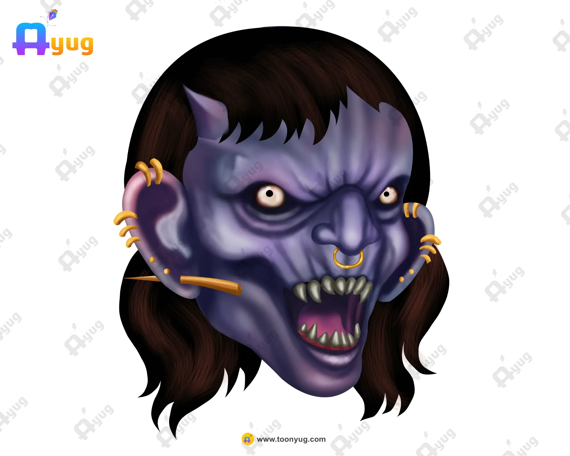 Ghosts Heads Thumbnail0007 Purple Punk Alien Head – Pierced Tribal Demon (Available in Animated .FLA & Static .PSD) - Image 1