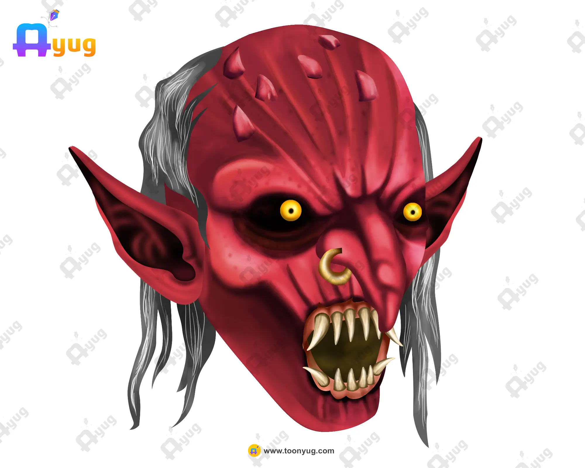 Ghosts Heads Thumbnail0012 Red Spiked Demon Head – Scary Goblin Ghost (Available in Animated .FLA & Static .PSD) - Image 1