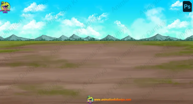 2D Cartoon Nature Landscape Background - Ground with Mountains & Blue Sky (PSD & PNG)
