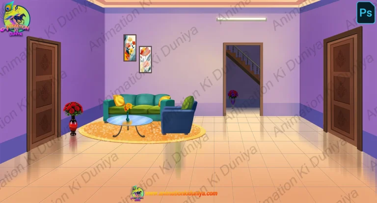 2D Cartoon Hallroom with Stairs - Interior Background (PSD & PNG)