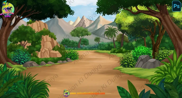 2D Cartoon Jungle Road Background - Mountain Forest Scene (PSD & PNG)