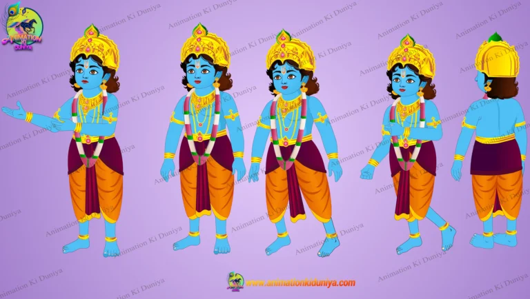 2D Lord Krishna Cartoon Character Set - Mythological Poses for Kids Animation