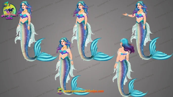 Mermaid Rig Magical Glittery Mermaid Character Rig – Royal Blue & Silver 2D ...