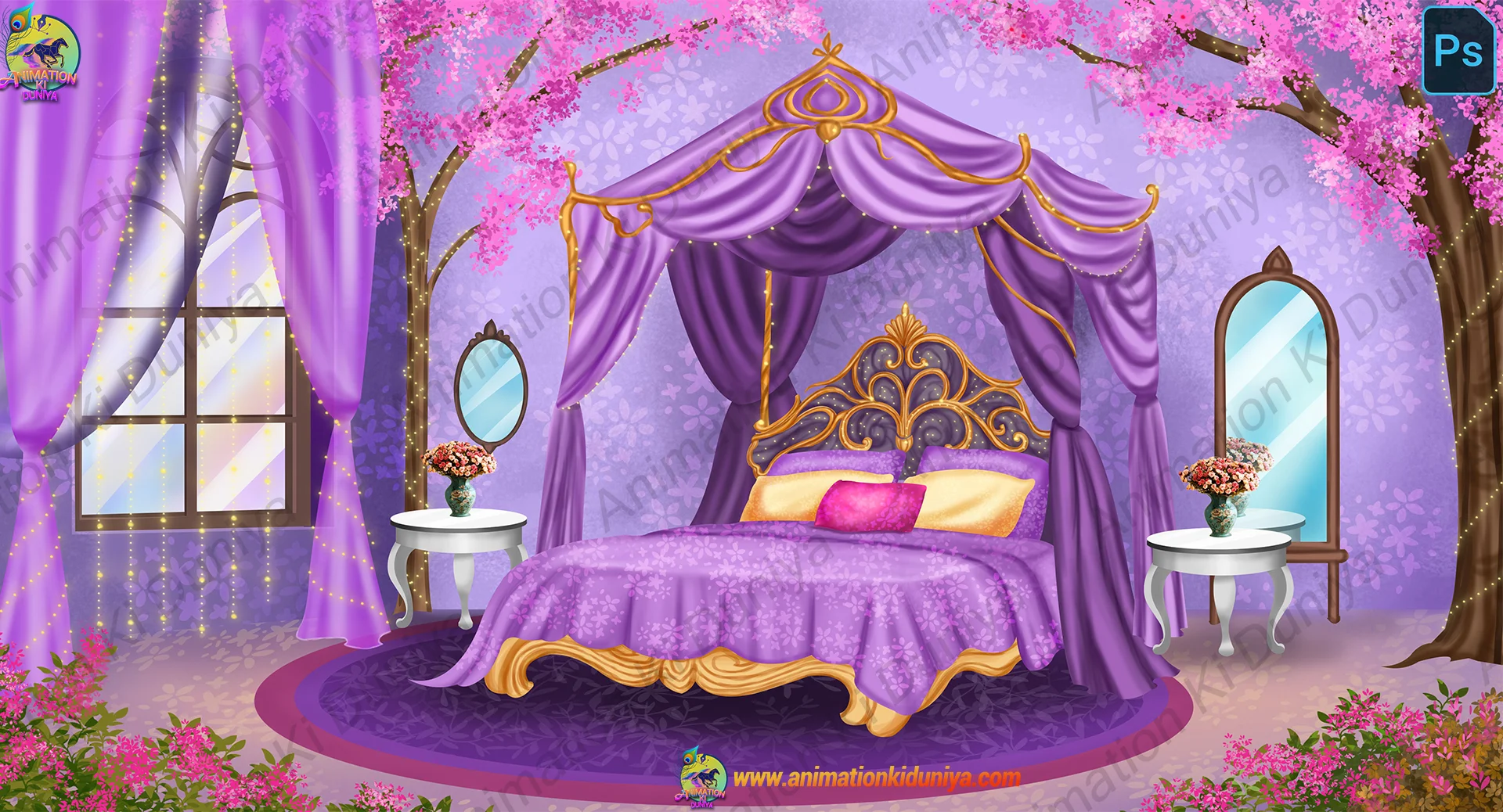 Pari lok bedroom (1) Royal Pari Lok Bedroom Background for 2D Animation - Purple Fantasy Theme (PNG & PSD) - Image 1