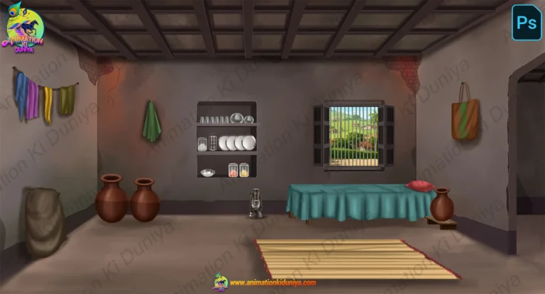 2D Cartoon Poor Village House Interior - Old Rural Room Background(PSD & PNG)