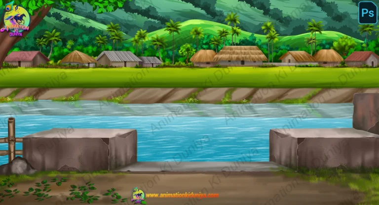 2D Cartoon Riverfront Village Background - Rural Landscape with River(PSD & PNG)