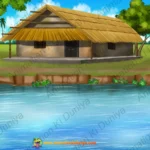 2D Cartoon River House Background - Traditional Village Hut by the River(PSD & PNG)