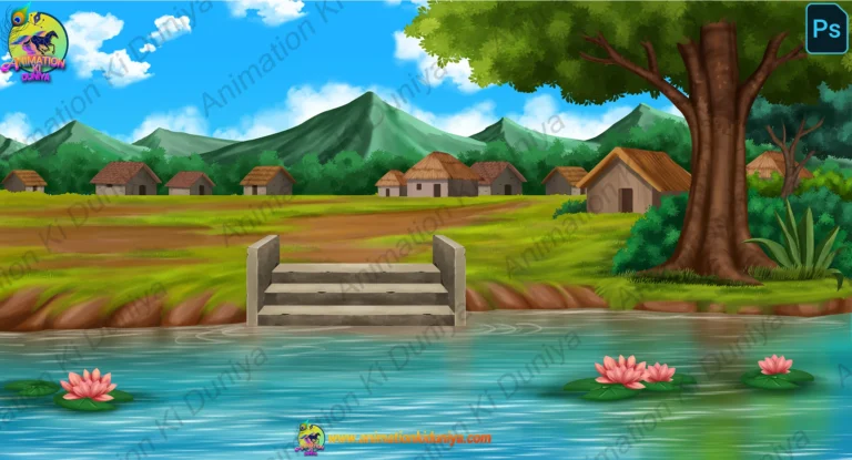 2D Cartoon River Ghat Background - Village Landscape with Lotus Pond(PSD & PNG)