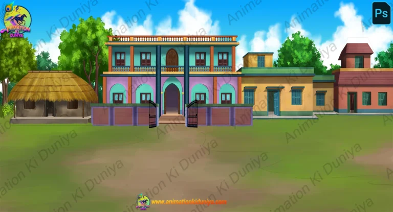 2D Cartoon Village Mansion Background - Indian Haveli & Rural Houses Scenery(PSD & PNG)