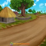 2D Cartoon Village Road Background - Rural Street with Banyan Tree Scenery(PSD & PNG)