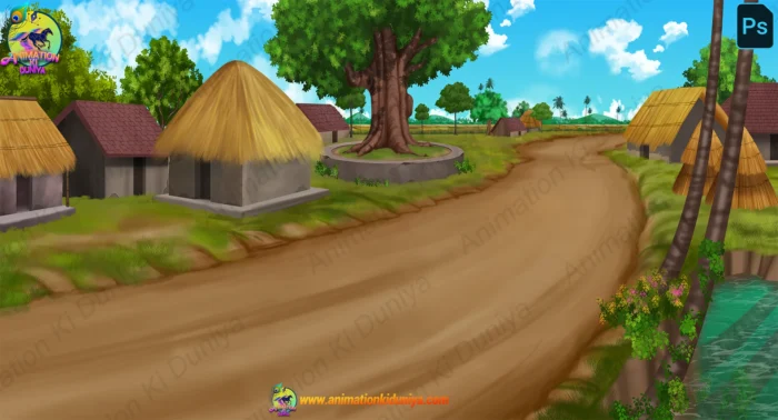 2d Rural Background 2D Cartoon Village Road Background – Rural Street with Banyan Tree ...