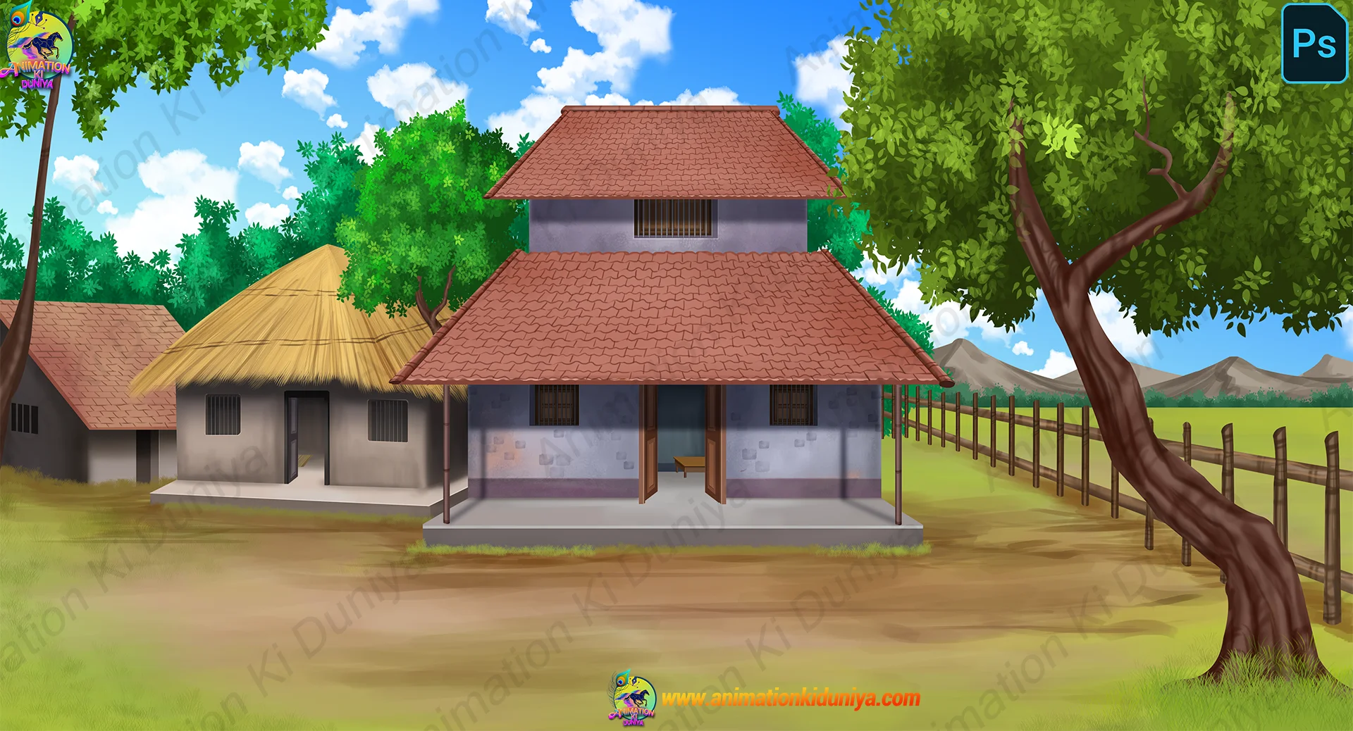 Village House (2) Indian Village House Exterior Background - 2D Animation (PNG & PSD) - Image 1