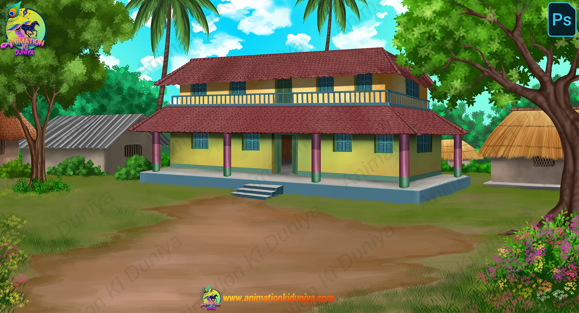 Village background 3 (2) 2D Cartoon Two-Story Village House Background(PSD & PNG) - Image 1