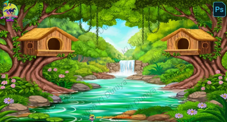 Beautiful Bird Houses by the Waterfall | Magical Forest 2D Animation Background ( PNG & PSD )