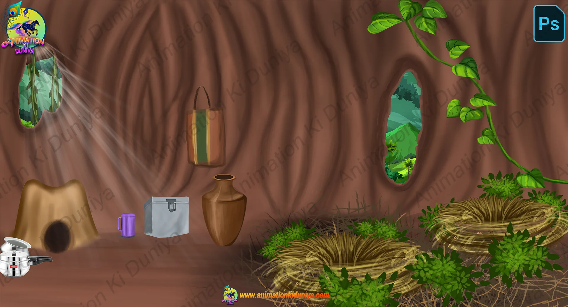 birds bg 5 Bird Nest Inside Tree Trunk - 2D Nature Interior Background (PSD & PNG) - Image 1