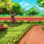 Colorful Cartoon Park Garden - 2D Nature Outdoor Background (PSD & PNG)