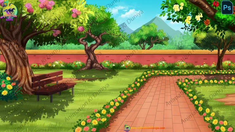 Colorful Cartoon Park Garden - 2D Nature Outdoor Background (PSD & PNG)