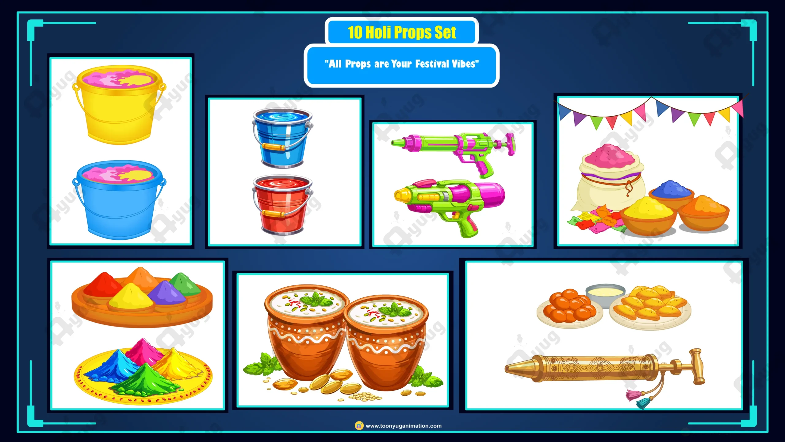 10 Holi Props Thumbnail 10+ Holi Special Props Set | Adobe Animate CC Assets (.FLA) - Image 1