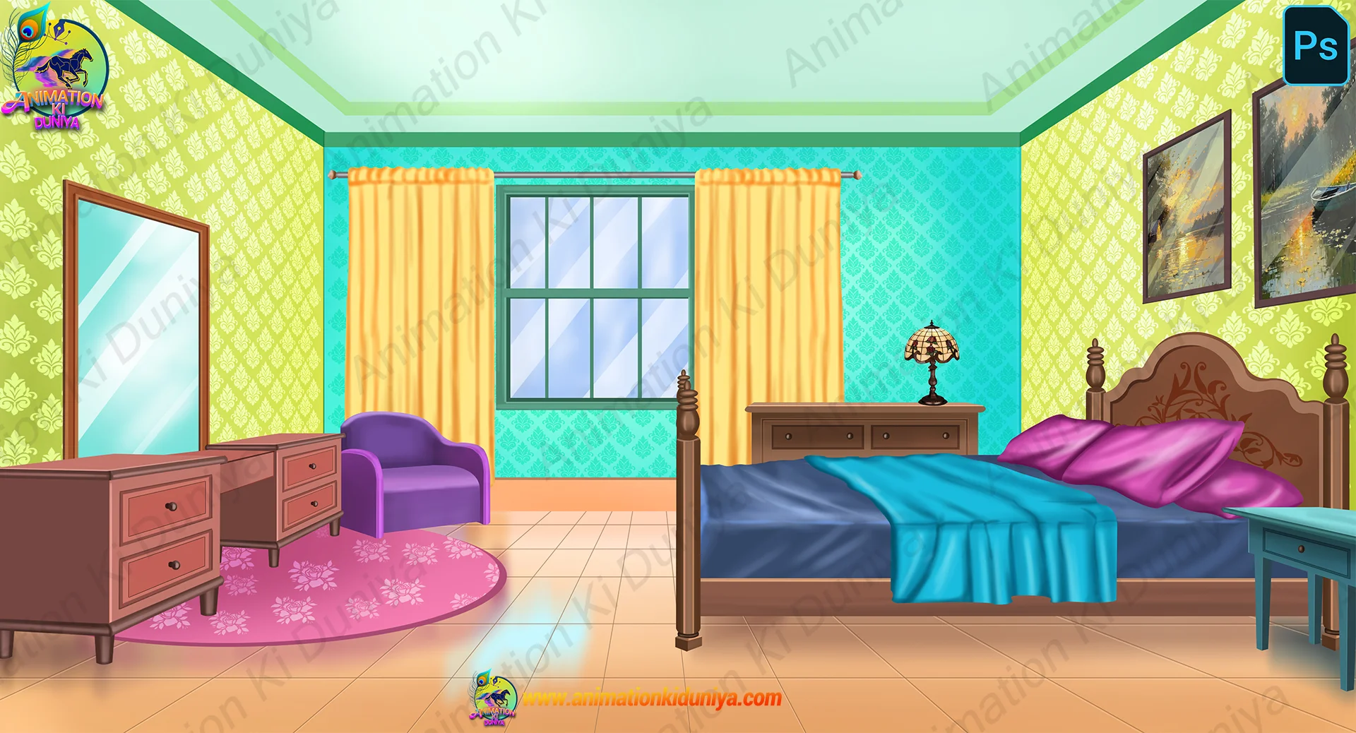 Bg9.jpg Stylized Cartoon Bedroom Interior - 2D Animation Background (PSD & PNG) - Image 1