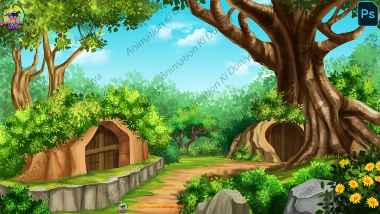 4K Cartoon Jungle Cave & Magic Tree Background - 2D Animation Asset (PSD/PNG)