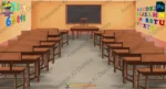 Kids Classroom Front View - Teacher's Desk & Blackboard 2D Background (PSD & PNG)