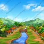 Indian Village Top View Background with River and Bridge - 2D Animation Scene (PSD & PNG)