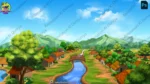 Indian Village Top View Background with River and Bridge - 2D Animation Scene (PSD & PNG)