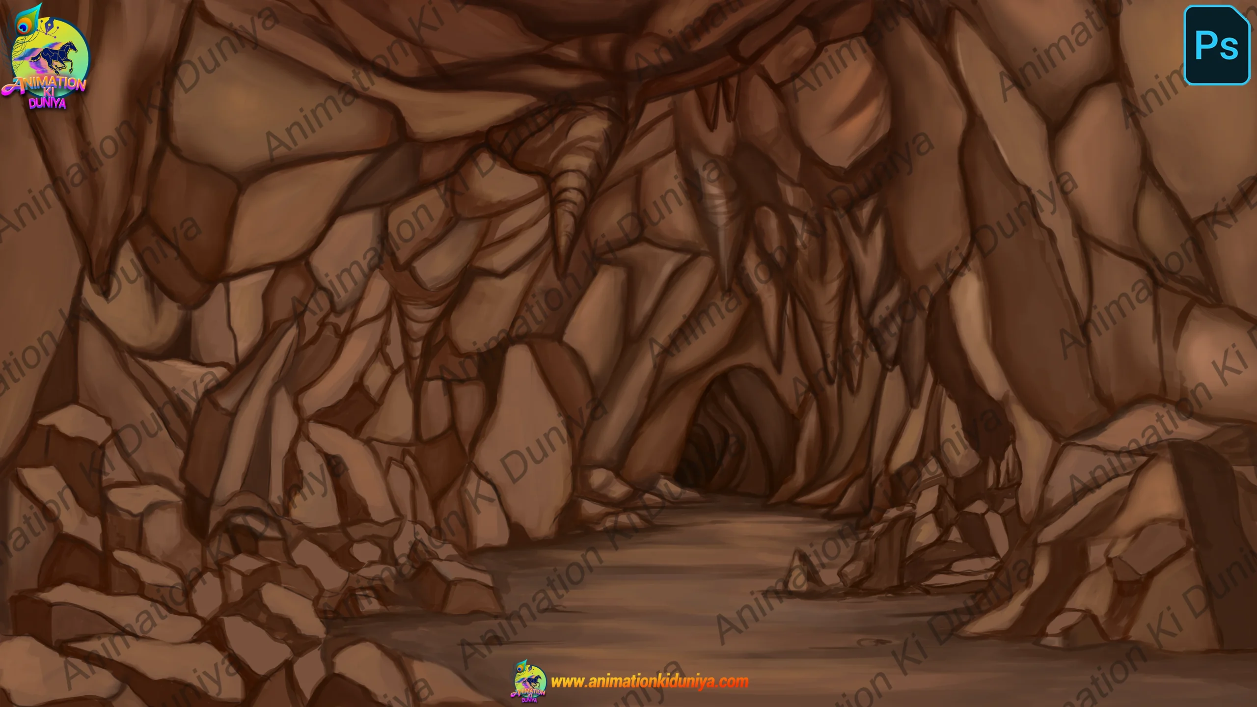 cave inside Dark Mystery Cave Interior - 2D Animation Background (PSD & PNG) - Image 1