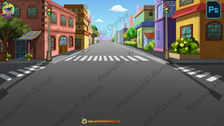 4K Stylized City Street Background - 2D Urban Animation Scene (PSD & PNG)
