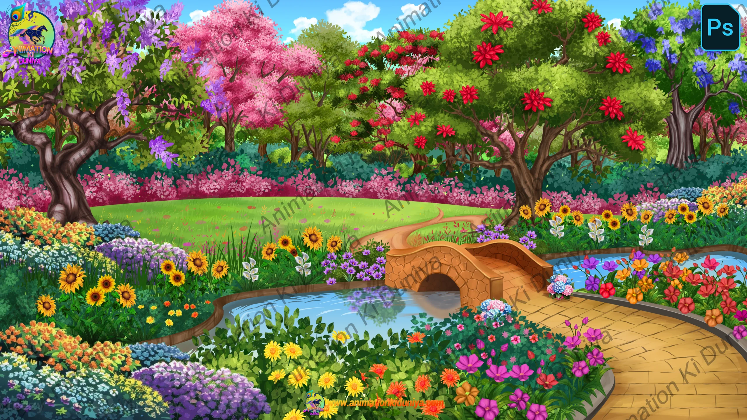 flower garden 4K Vibrant Flower Garden & Stone Bridge - 2D Animation Background (PSD & PNG) - Image 1