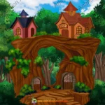 4K Fantasy Forest Houses - Magical Tree Village 2D Animation Background (PSD & PNG)