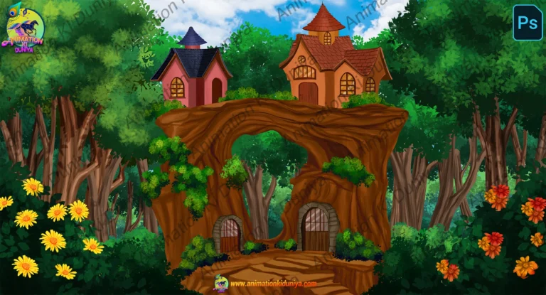 4K Fantasy Forest Houses - Magical Tree Village 2D Animation Background (PSD & PNG)