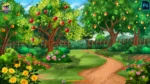 4K 2D Fruit Orchard Background - Colorful Apple & Mango Garden (PSD & PNG)