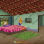 Traditional Village Hut Interior - Rural Bedroom 2D Animation Background (PSD & PNG)